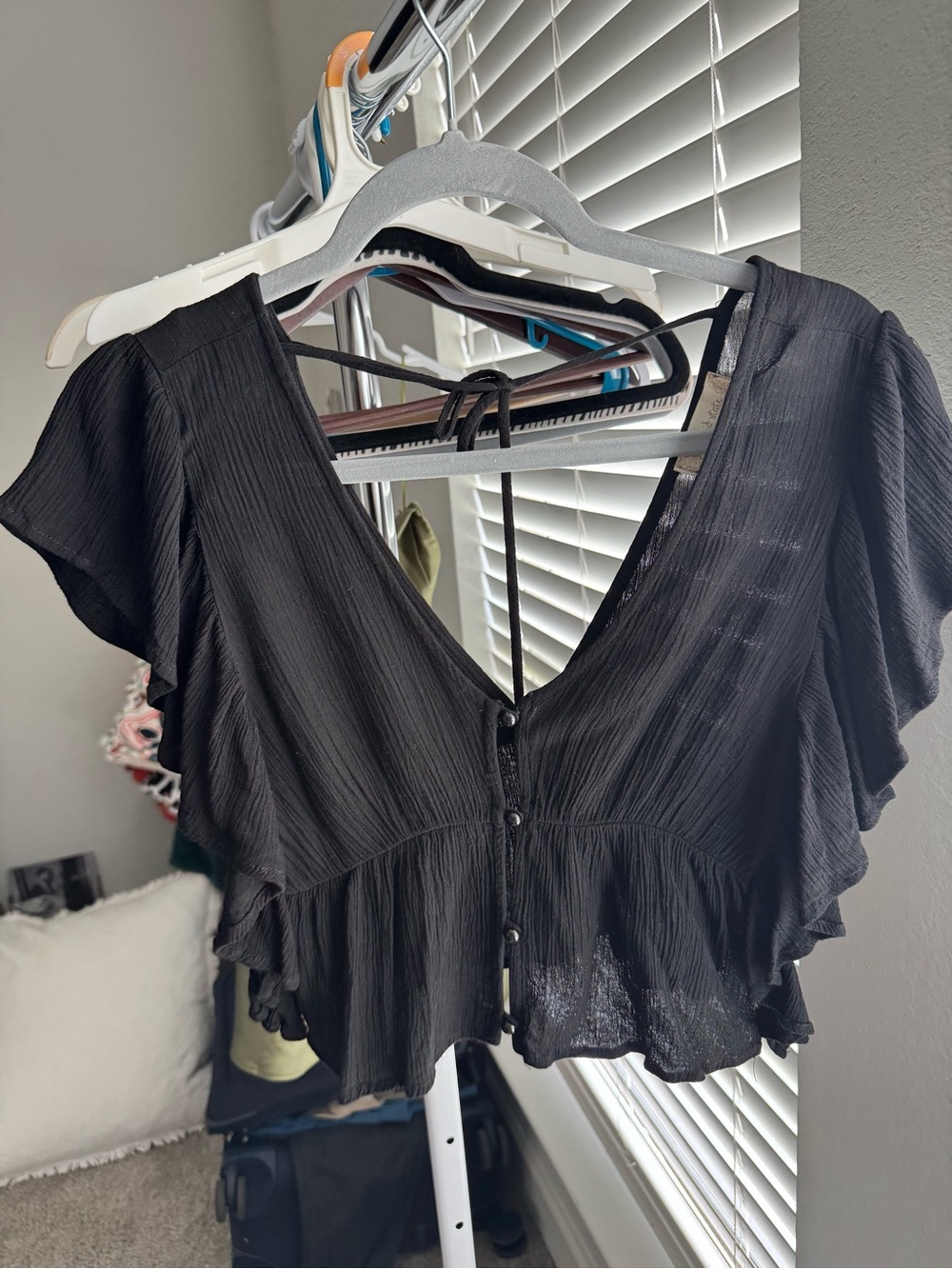 Altar'd State Black Ruffle Flutter Button-Front Crop Blouse
